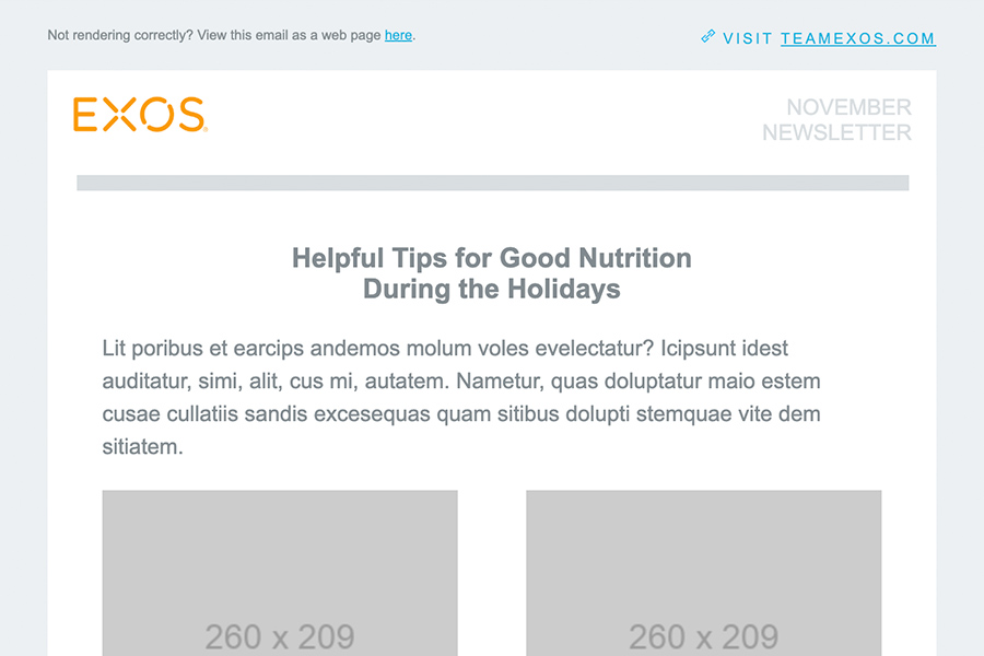 EXOS Newsletter: HubSpot email template development.